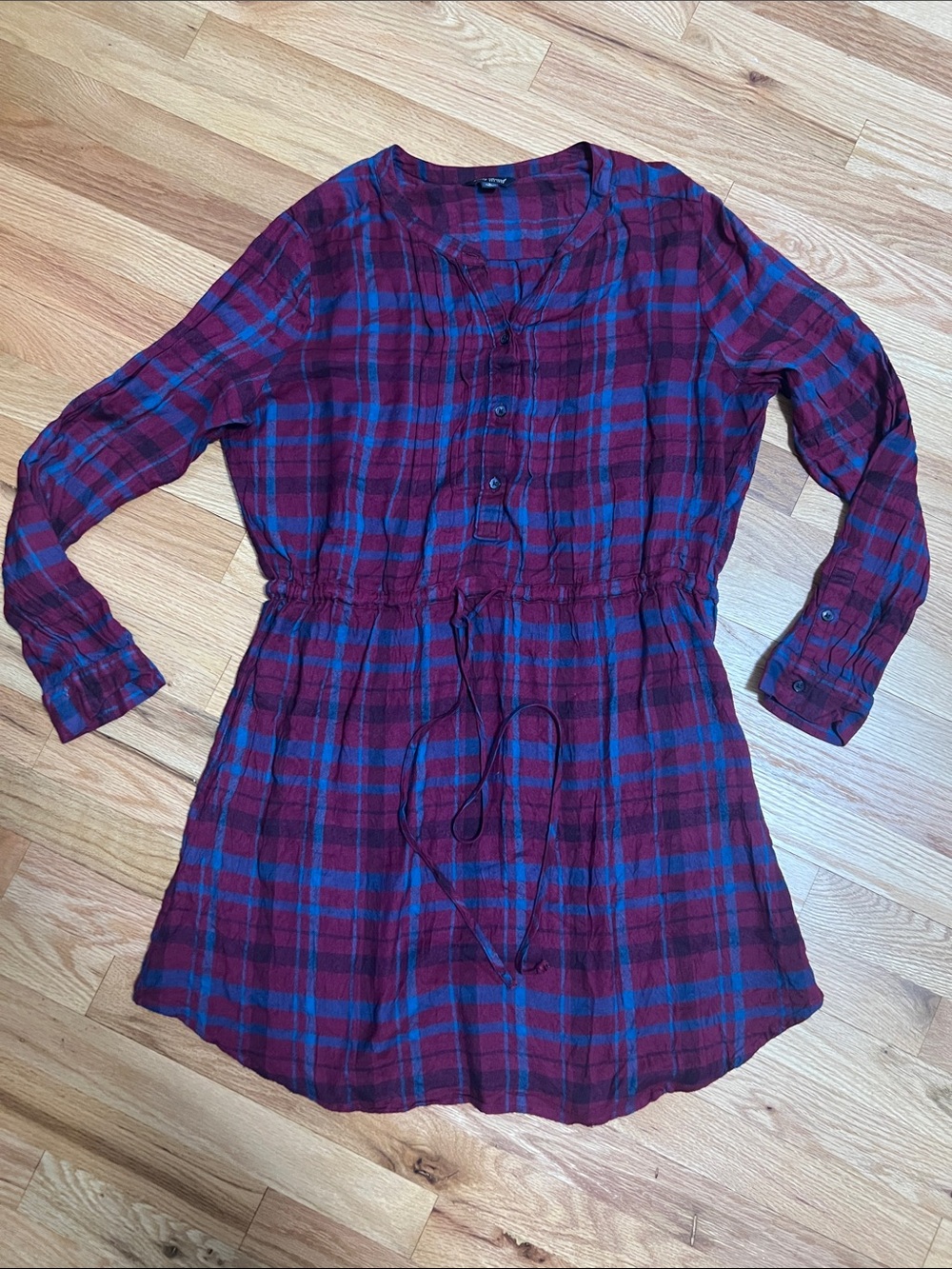 Lucky Brand Burgundy and Blue Plaid Long Sleeve Dress